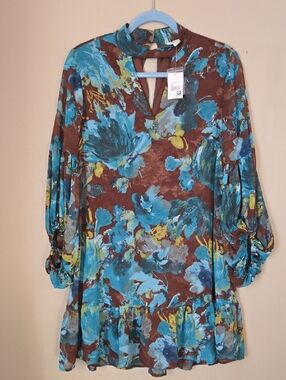 Cato - Women's Brown Floral Tunic Dress with Blue Accents